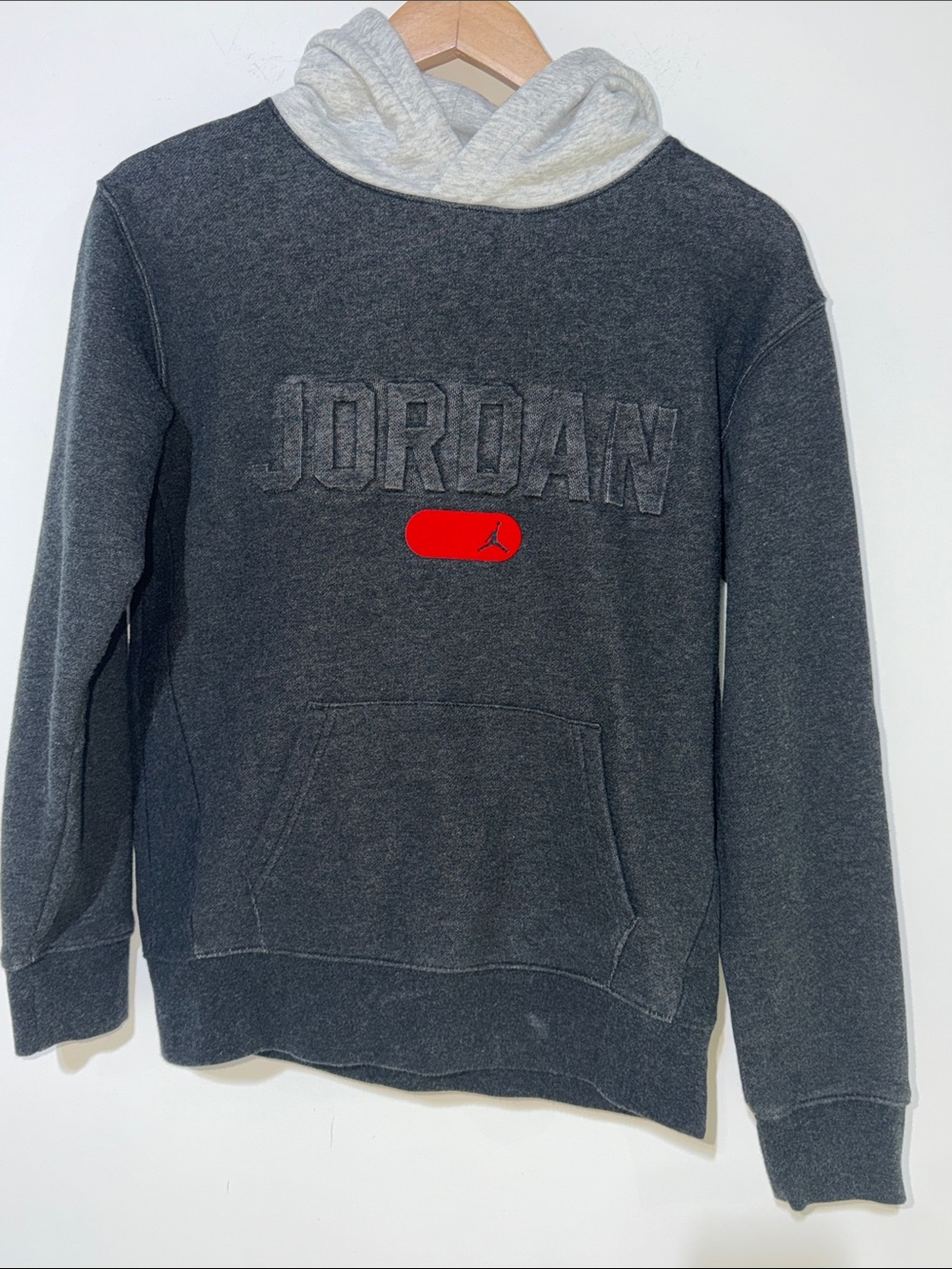 Jordan kids Dark Gray Crewneck Hoodie with Light Gray Hood and Red Accent large